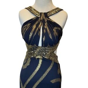 Betsy Adams Gown Size 12 Navy Gold Sequin Open Back Halter Style Formal Dress